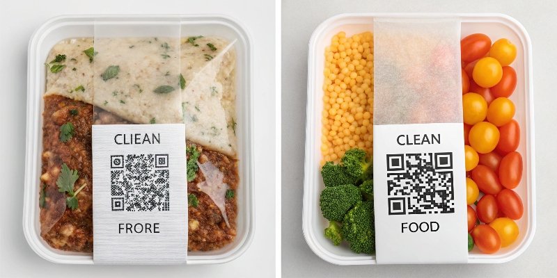 A cluttered food label next to a clean package design featuring a single, clear QR code