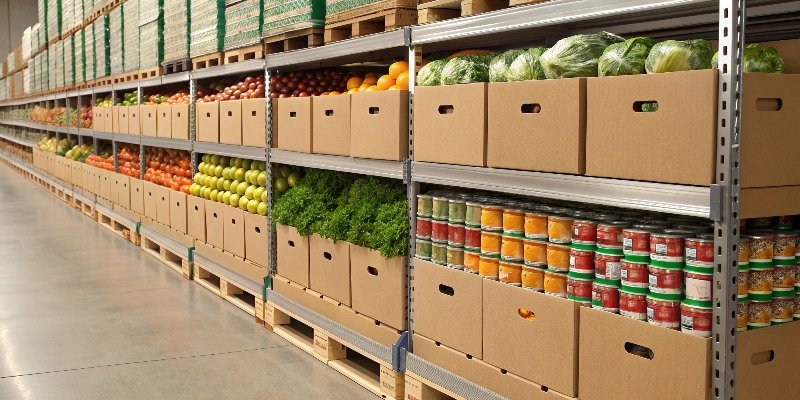 A grocery store aisle with many products displayed in branded corrugated boxes