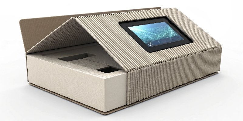 A futuristic image of a corrugated box with a digital screen or QR code on it