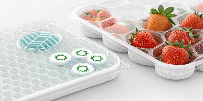 Futuristic packaging concept showing edible film and a smart label with a freshness indicator