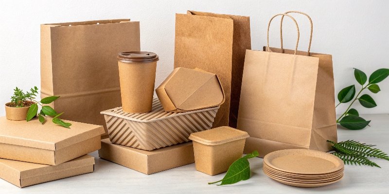 Sustainable Packaging Materials An assortment of sustainable packaging materials like kraft paper, corrugated boxes, and compostable mailers.