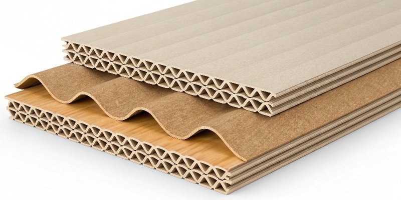 A detailed illustration of the layers of corrugated cardboard, showing the linerboard and fluted medium.
