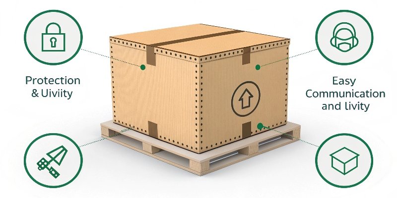 Eco-Friendly Packaging Choices Packaging made from sustainable materials with eco-friendly icons.