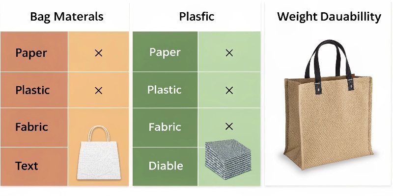 A comparison chart showing different bag materials like paper, plastic, and fabric