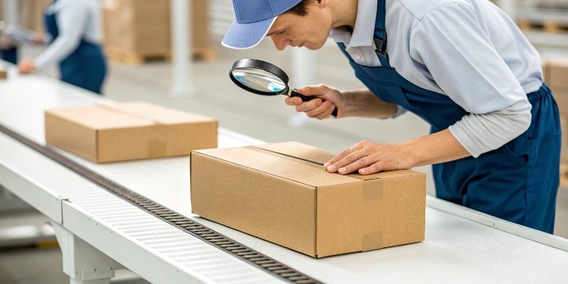A quality control inspector examining the seams and print on a corrugated box.