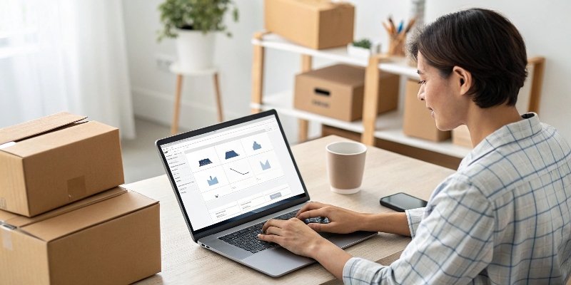A person sitting at a computer searching for custom box suppliers online.