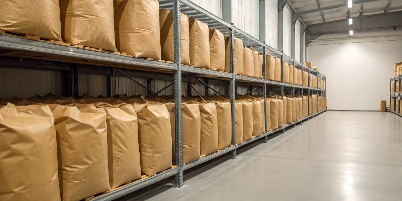 Packaging bags stored neatly on shelves in a climate-controlled warehouse