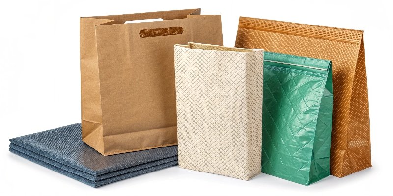 A variety of packaging bag materials laid out side by side