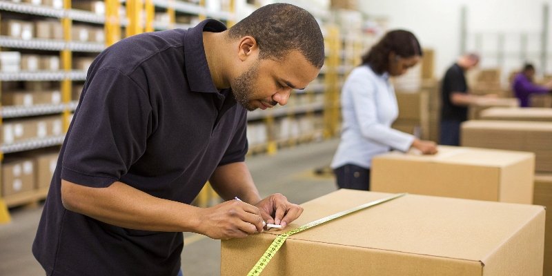 A FedEx employee measuring an item to create a custom shipping box
