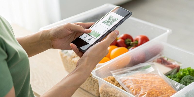 A hand scanning a QR code on a smart package