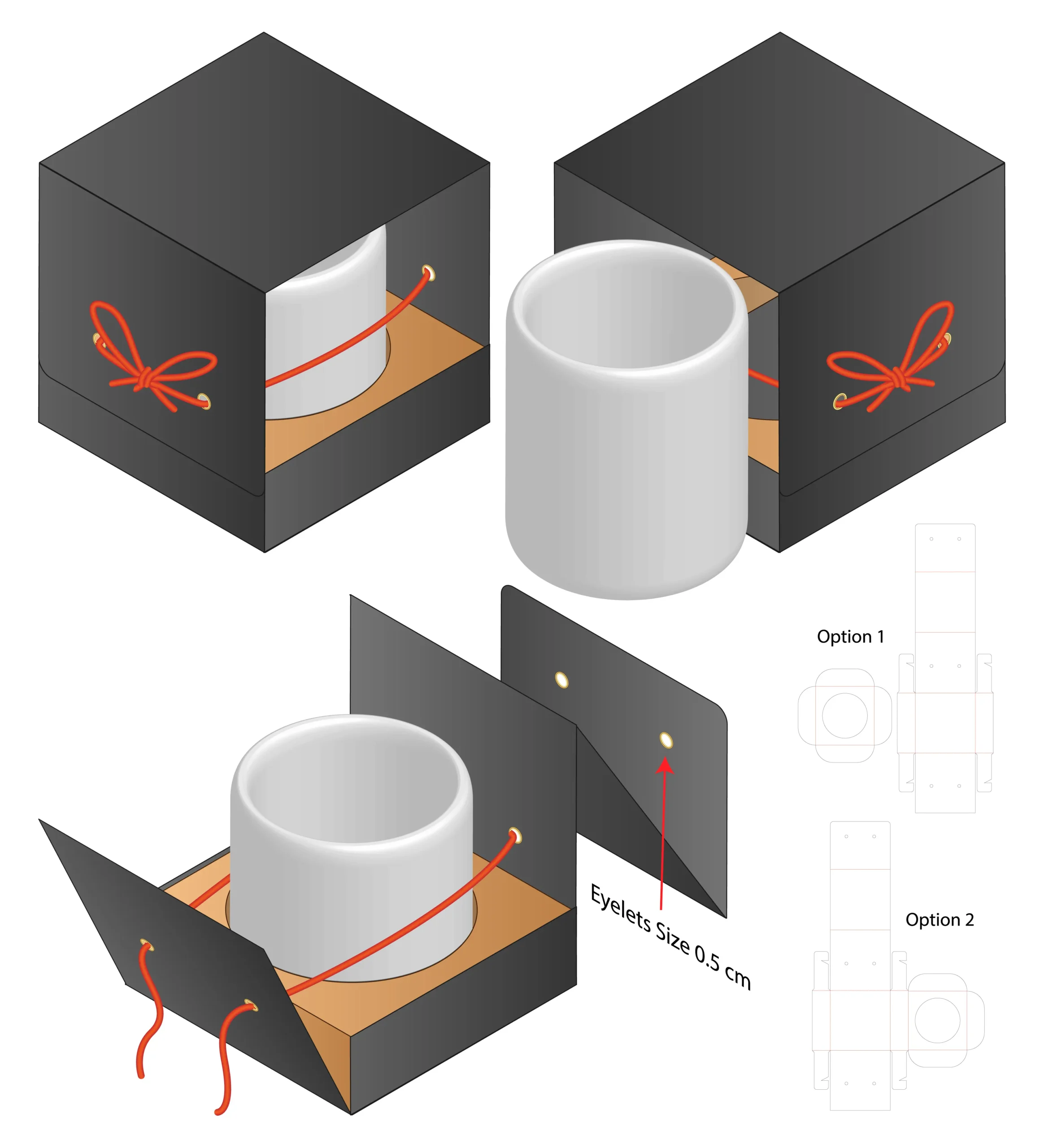 A box with complex inserts and compartments holding different product components securely.