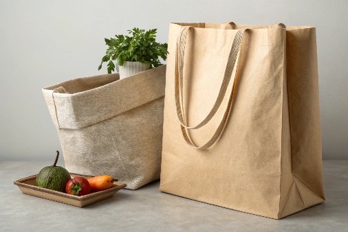A kraft paper shopping bag next to a reusable cotton tote bag
