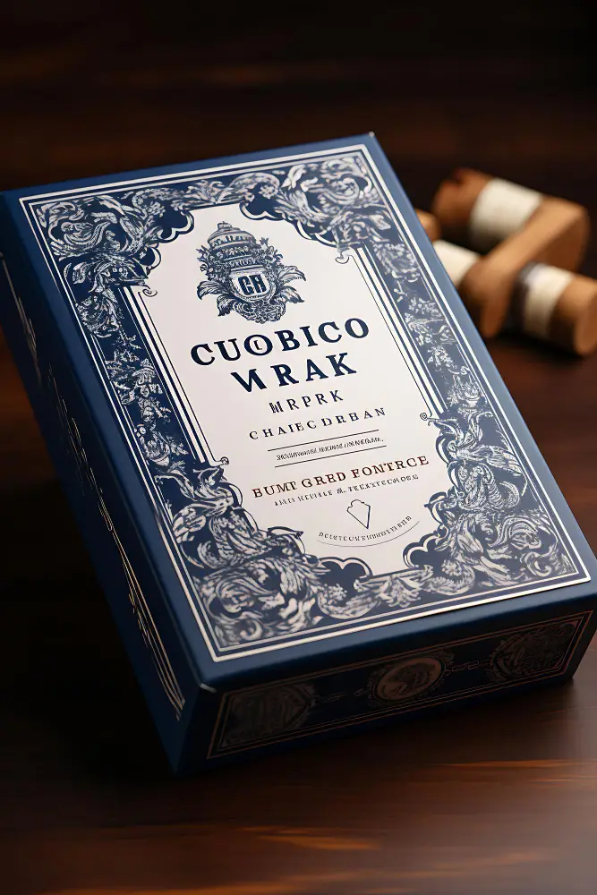 A close-up shot of a luxury liquor box with intricate storytelling details and textures.