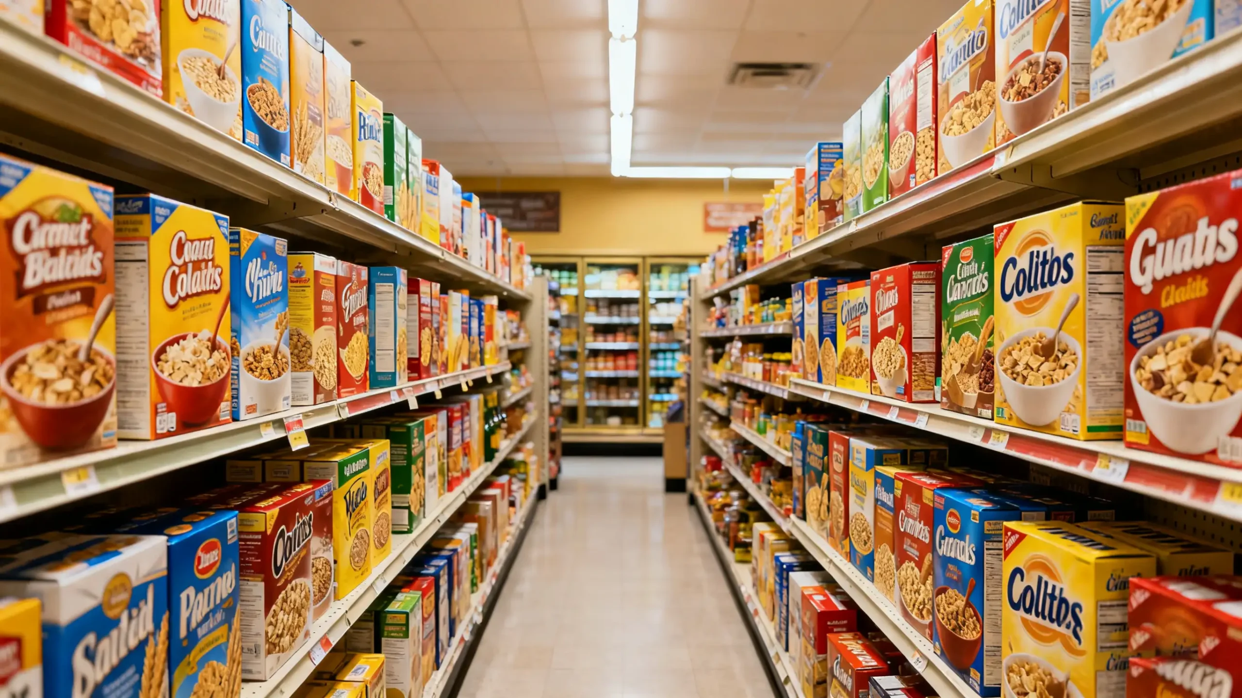 ![A colorful grocery store aisle filled with various cereal boxes](placeholder_image_1_grocery_aisle.jpg)*(Image: A colorful grocery store aisle showing the variety of cereal box shapes and sizes.)*