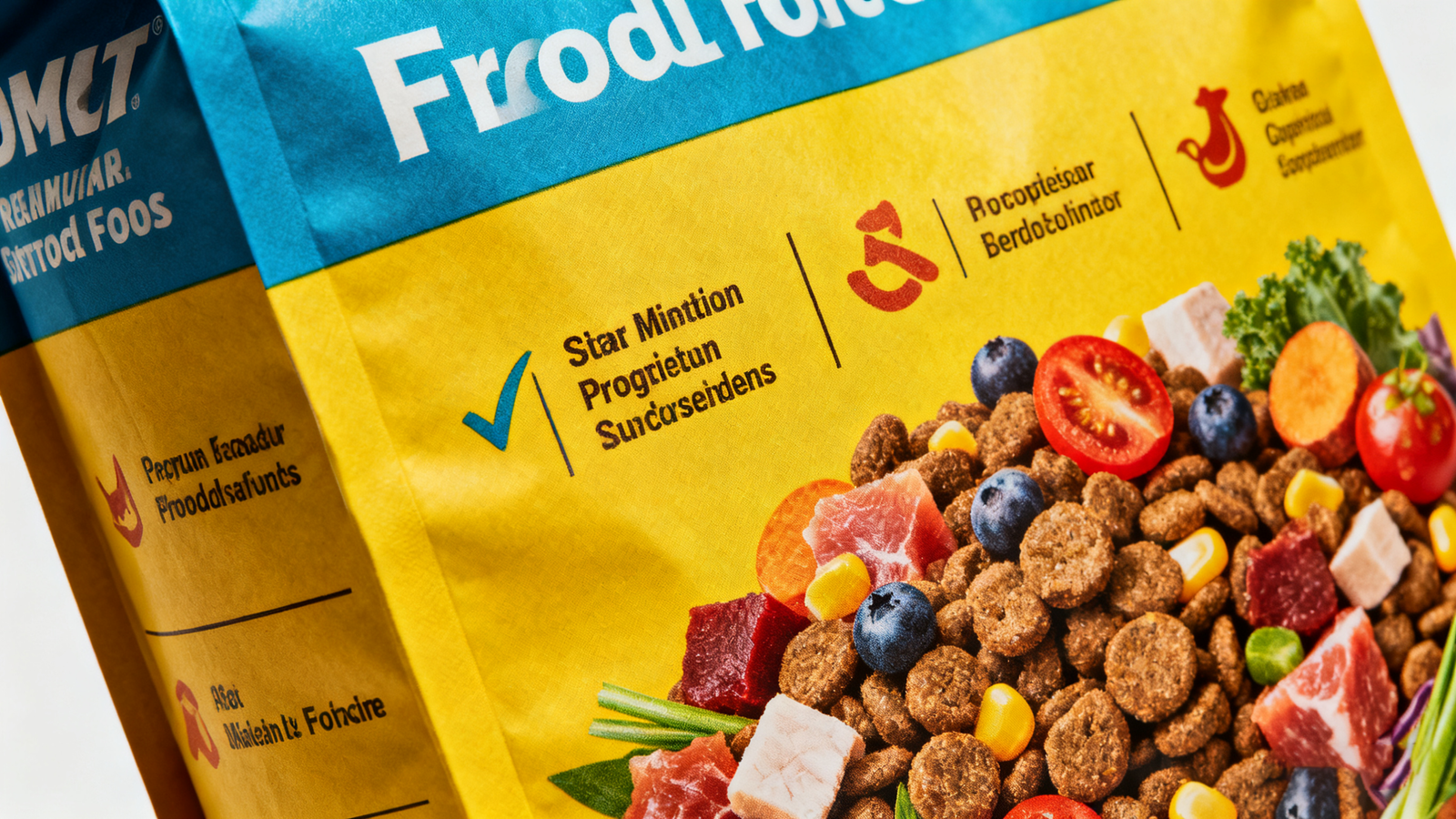 A close-up of a pet food package showing premium matte finish and vibrant ingredient photography.