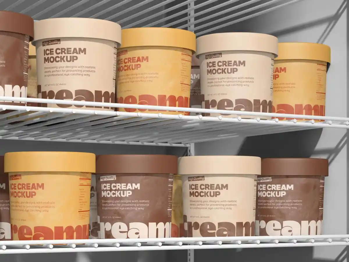 A display of beautifully designed, custom-printed ice cream tubs with various finishes.
