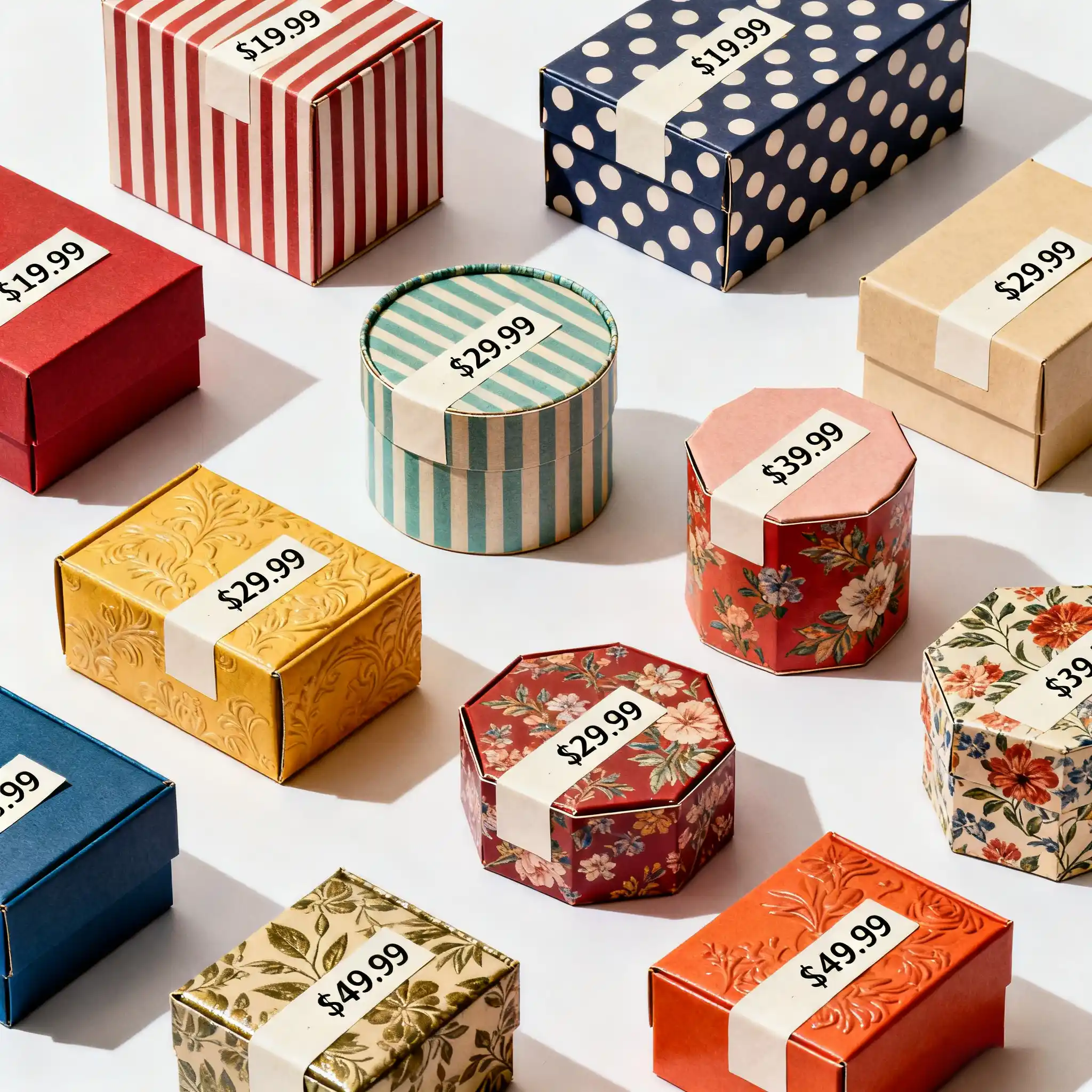Custom Packaging Costs A collage of different custom packaging boxes with price tags