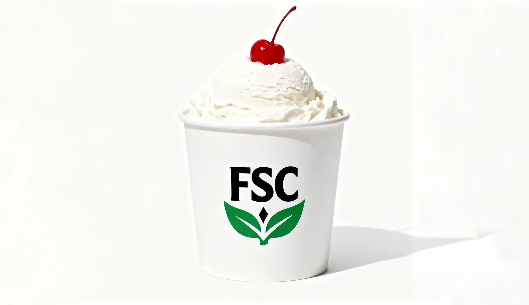 An ice cream tub with clear FSC and compostability logos on it.