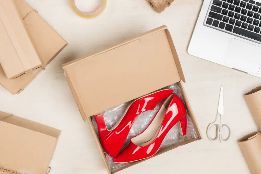 Essential Materials for Shipping Shoes A collection of shoe packaging materials like boxes, tissue paper, and tape