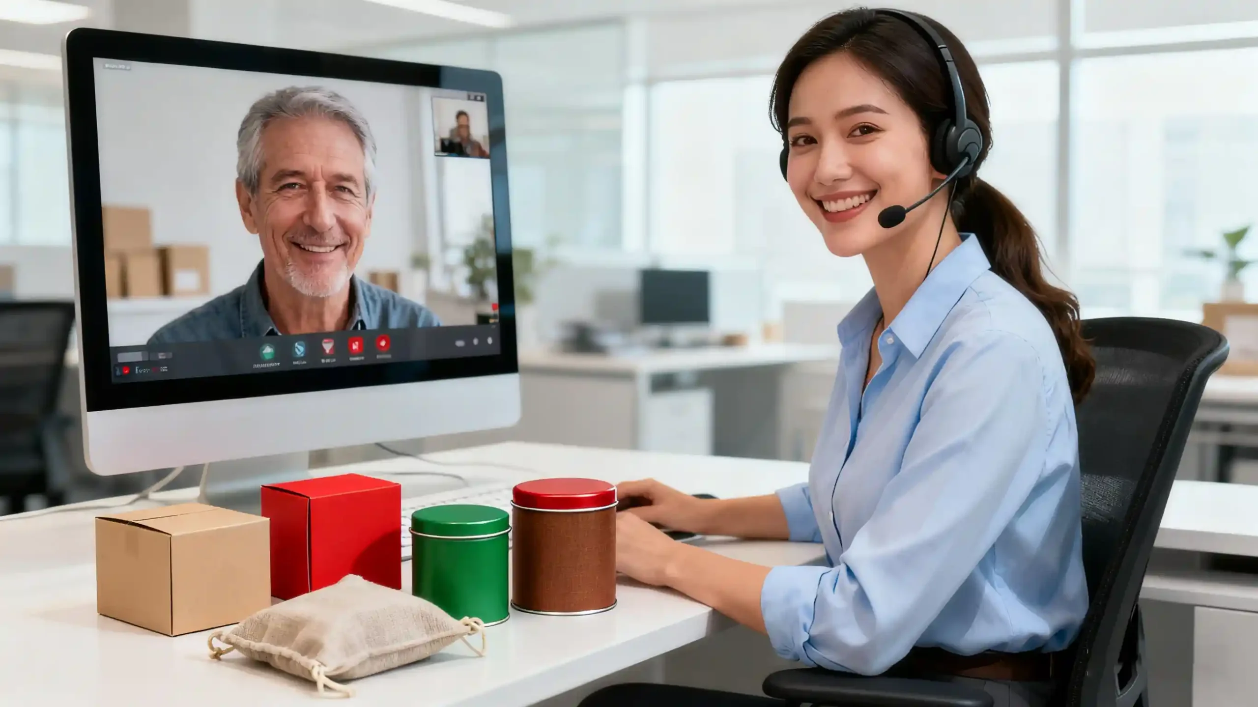 A friendly customer service representative discussing packaging options with a client over a video call.