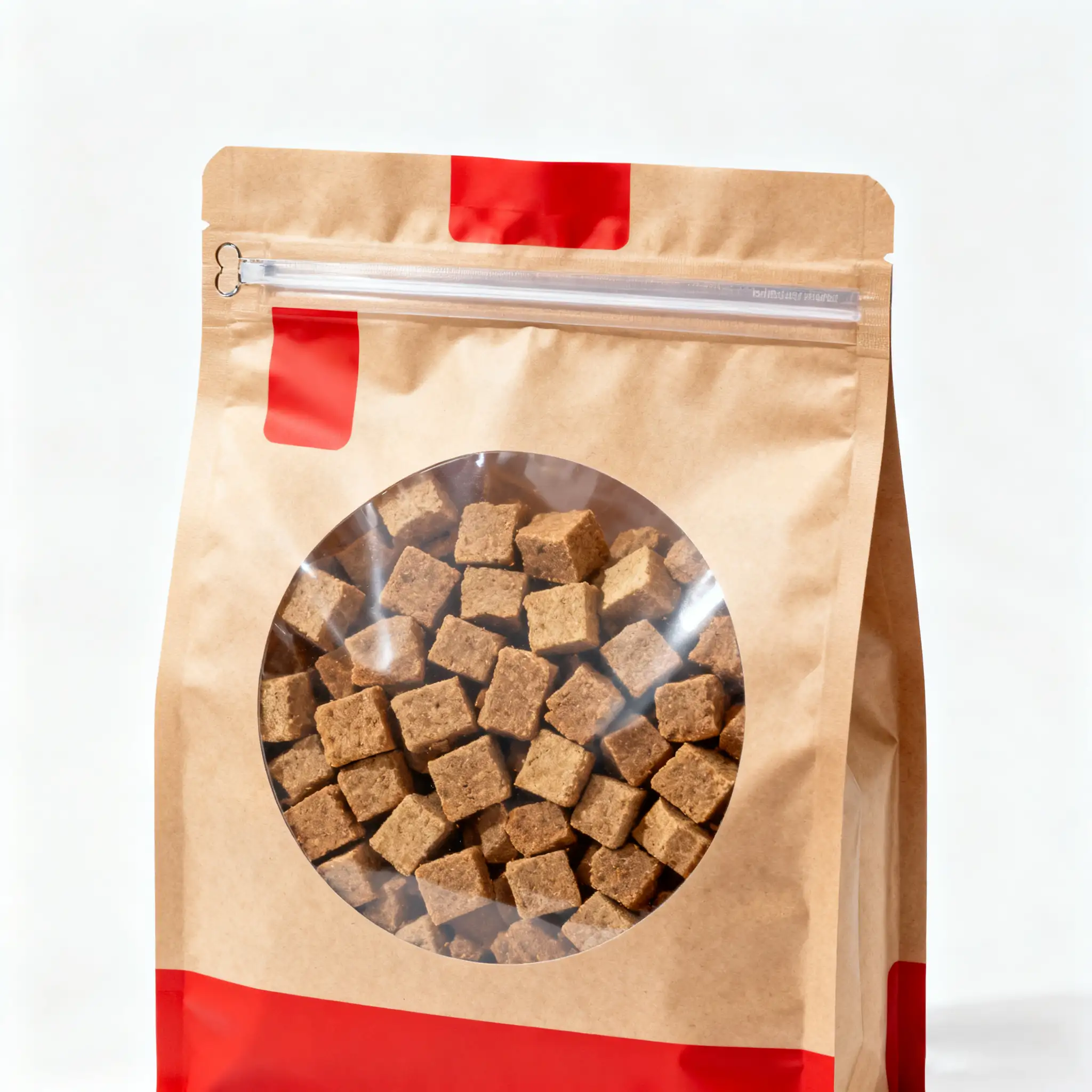 A pet food bag with a clear window and a sturdy resealable zipper.