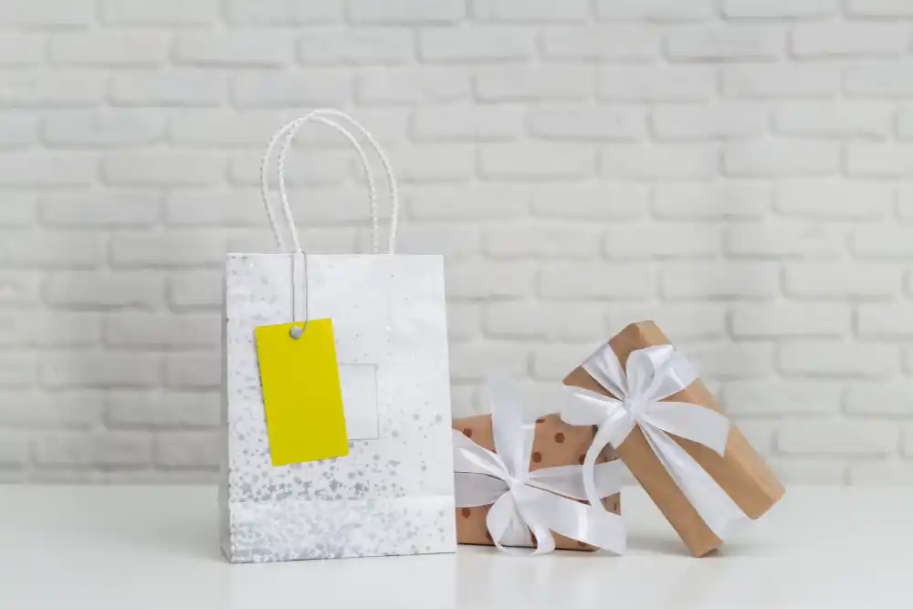 A gift bag showing perfectly placed tissue paper and a gift tag