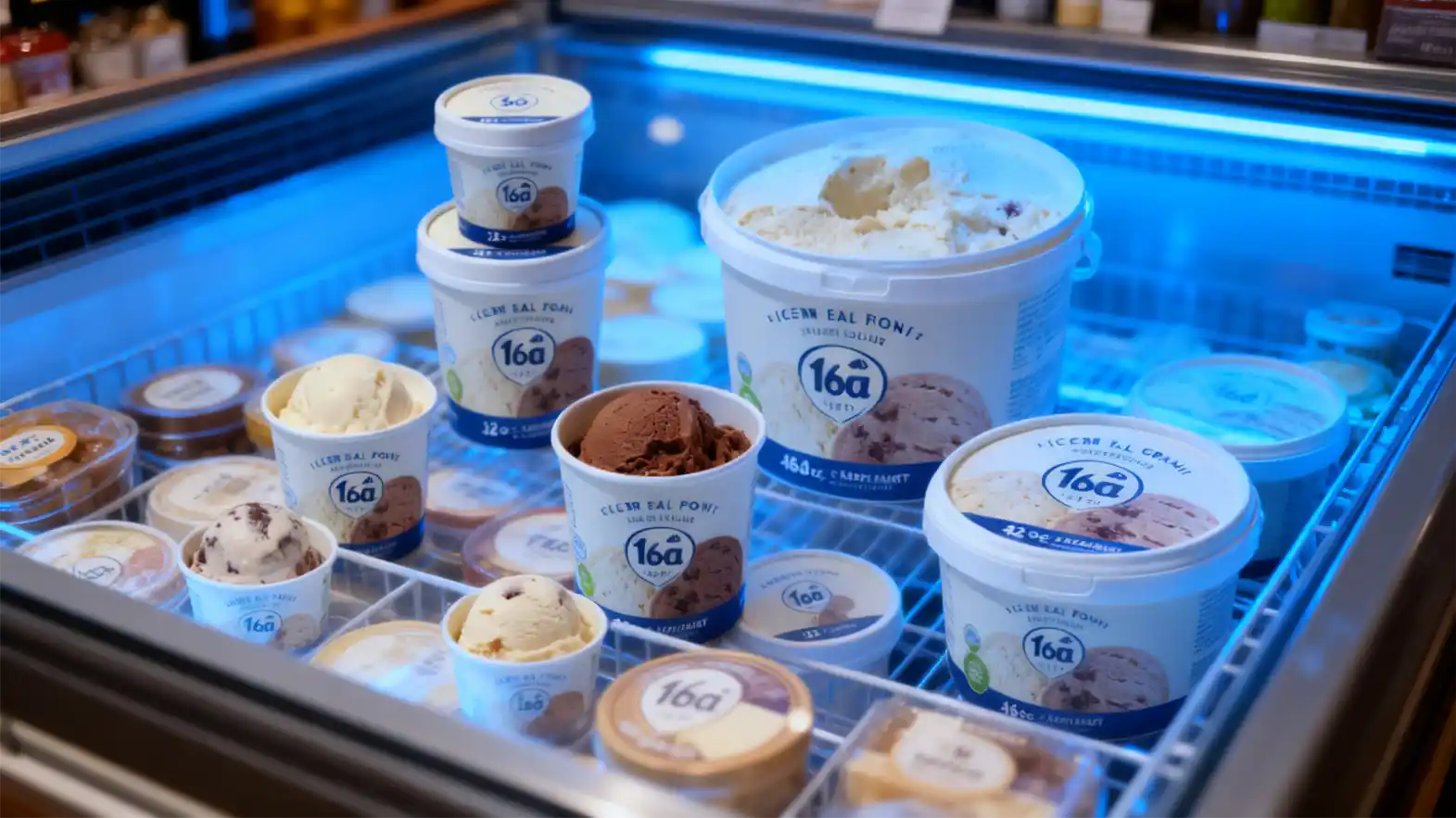 An infographic showing the relative sizes of a pint, quart, and half-gallon ice cream tub.