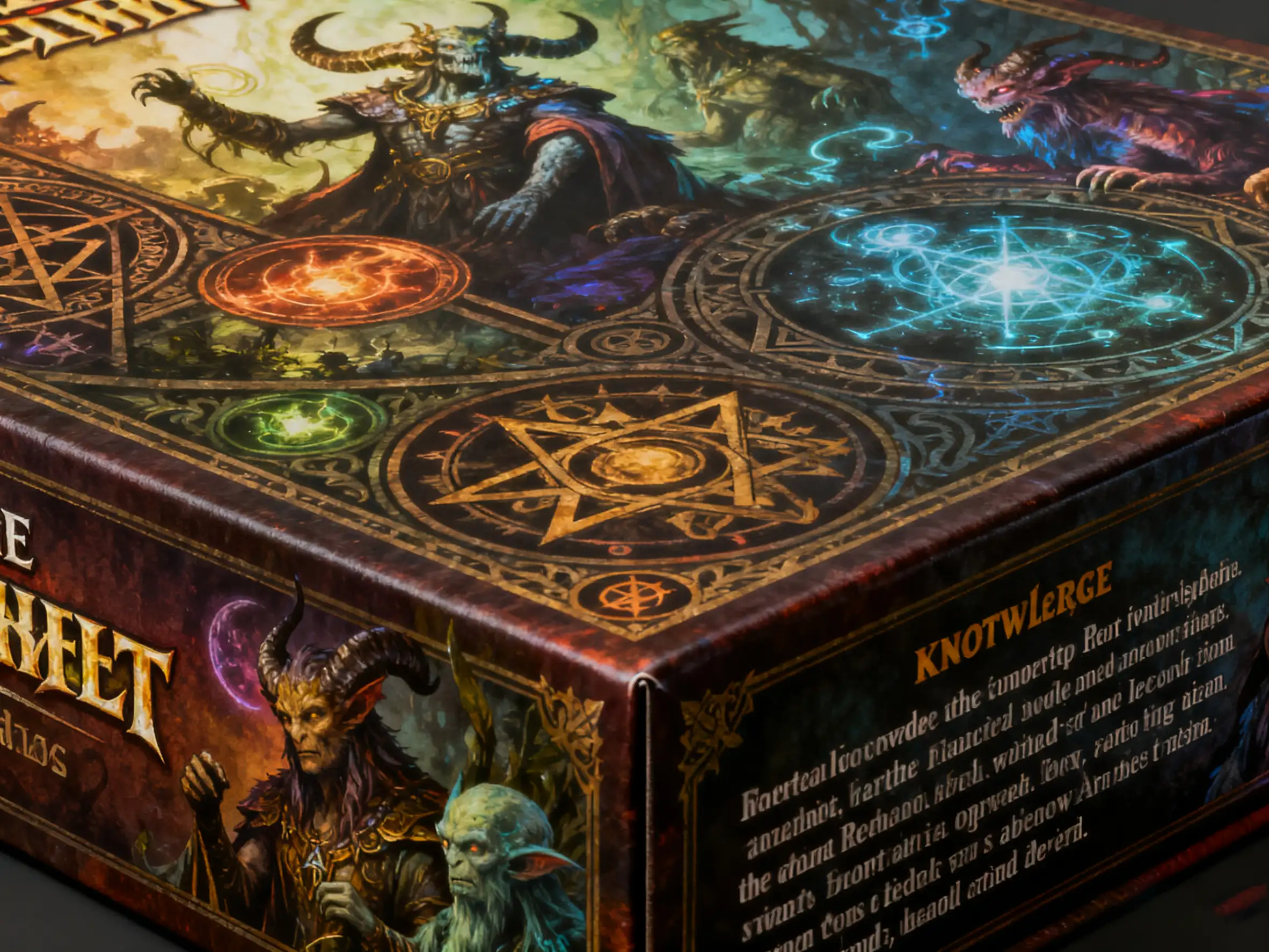 A close-up of a fantasy-themed game box with intricate artwork and lore text.