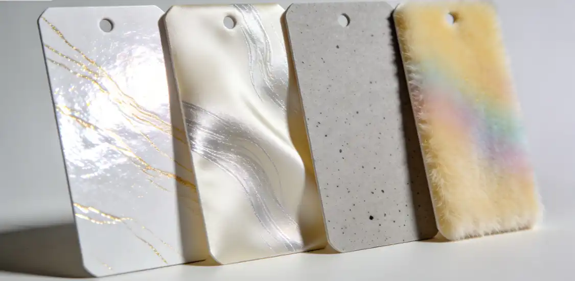 Four sample paper cards showing Gloss, Satin, Matte, and Soft-Touch aqueous finishes side-by-side