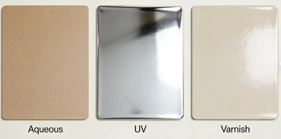 A comparison chart graphic showing the pros and cons of Aqueous, UV, and Varnish coatings