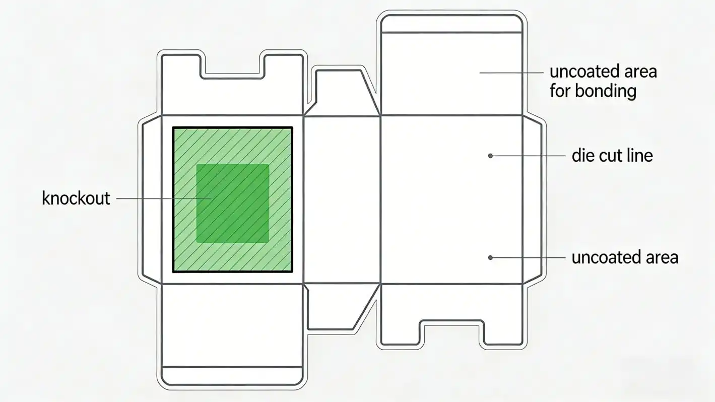 An image showing a designated "knockout" area on a packaging die-line where no coating is applied for gluing
