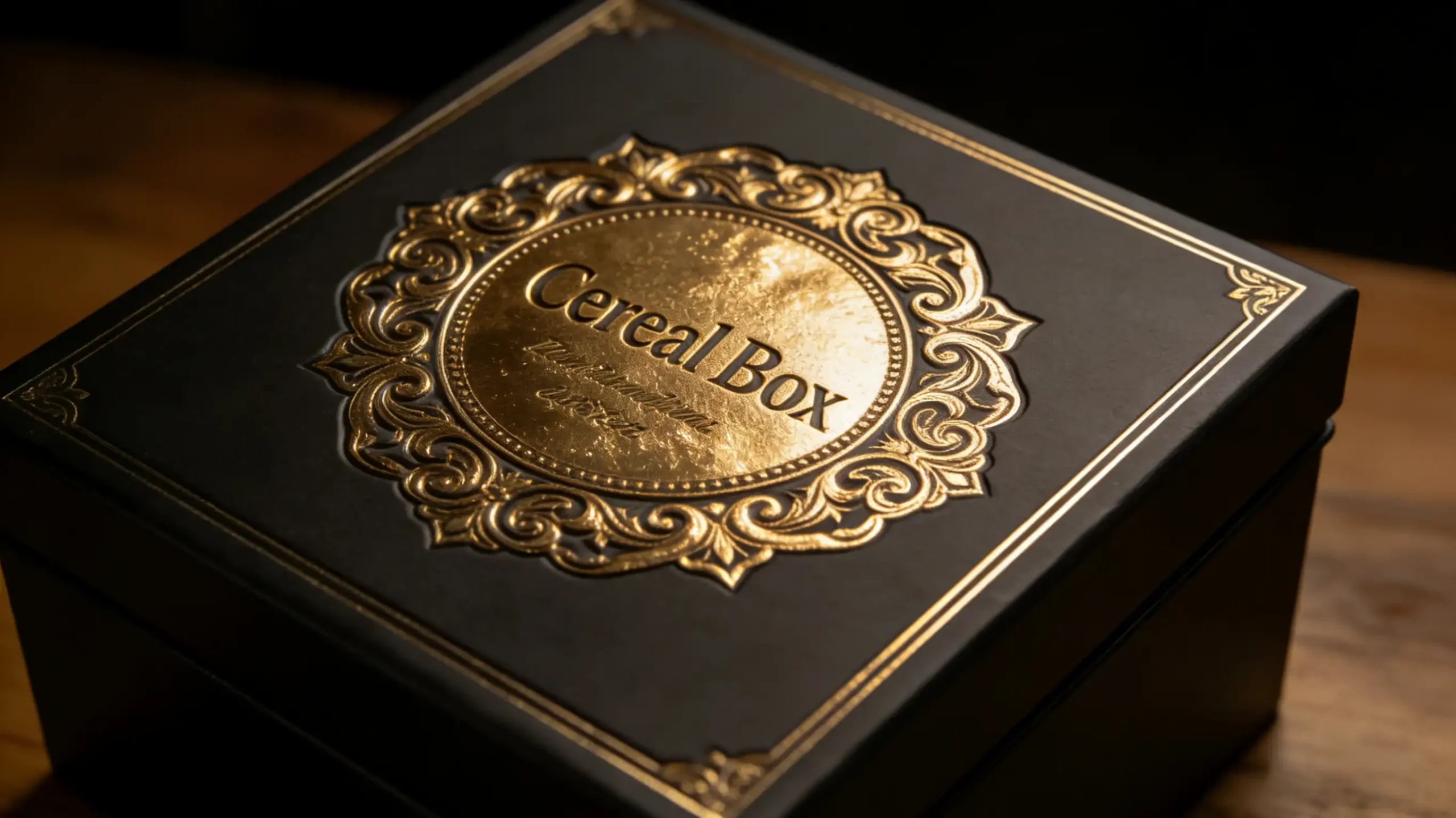 A custom cereal box with shiny gold foil stamping and embossed lettering