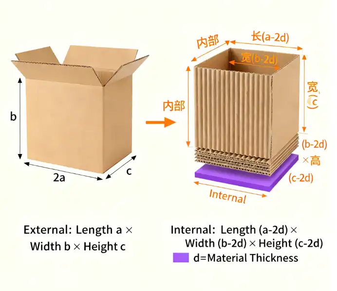 Internal vs. External Box Measurements An illustration comparing the internal and external dimensions of a corrugated box, highlighting the material thickness.