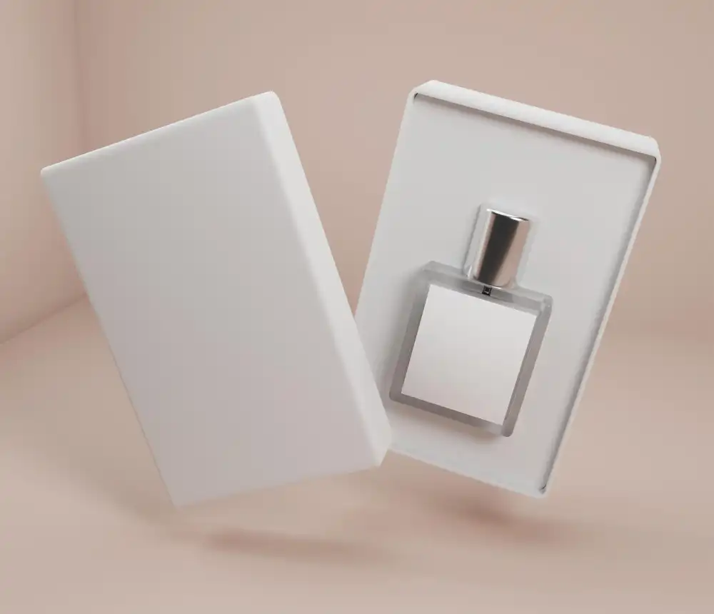 An ultra-clean, white perfume box with a single, small, embossed brand logo in the center.