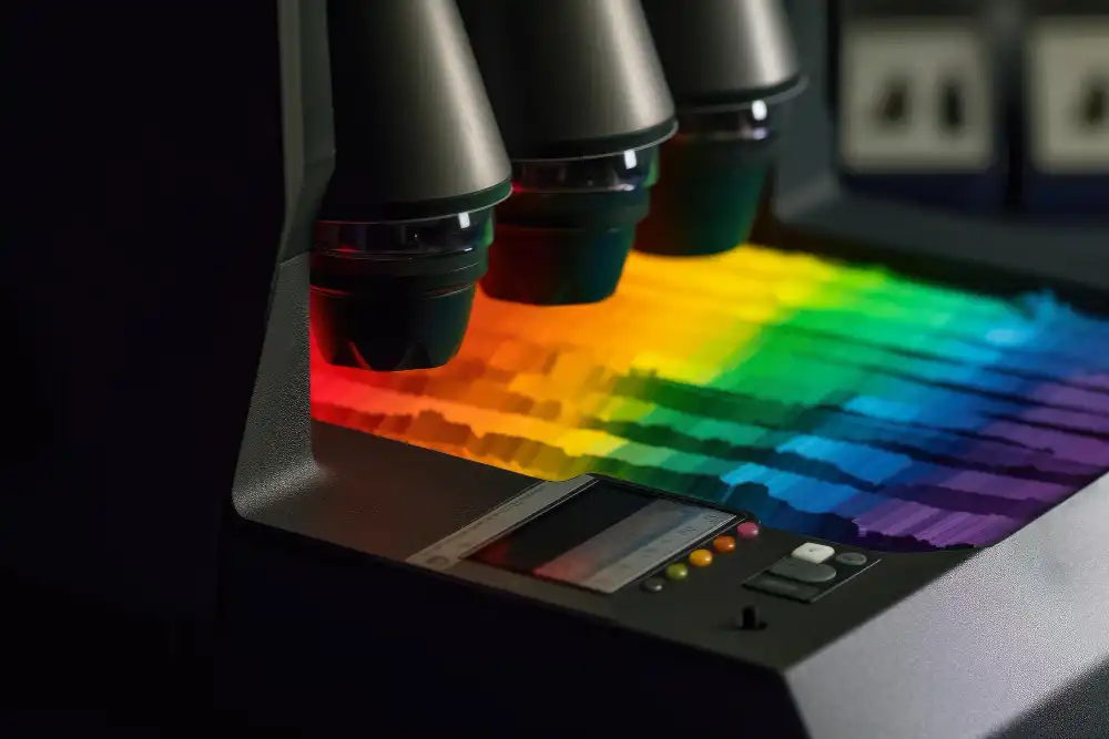 A close-up shot of a printer mixing inks according to a Pantone formula guide.
