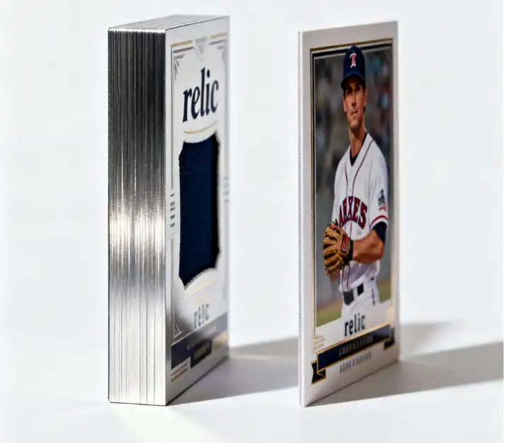 A thick 'relic' baseball card next to a standard card to show the difference in depth.