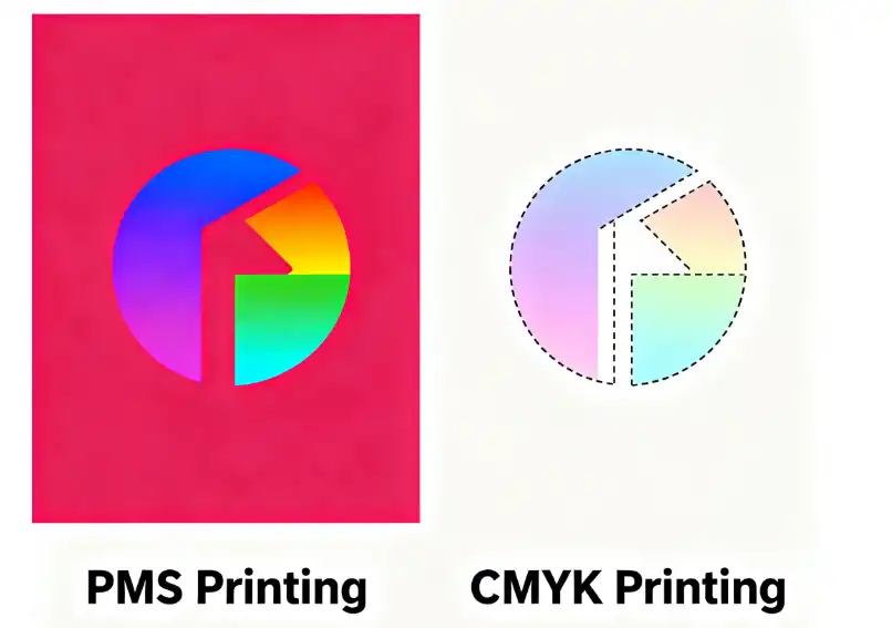 A side-by-side comparison showing a logo printed in PMS (solid, vibrant) versus CMYK (dotted, less vibrant).