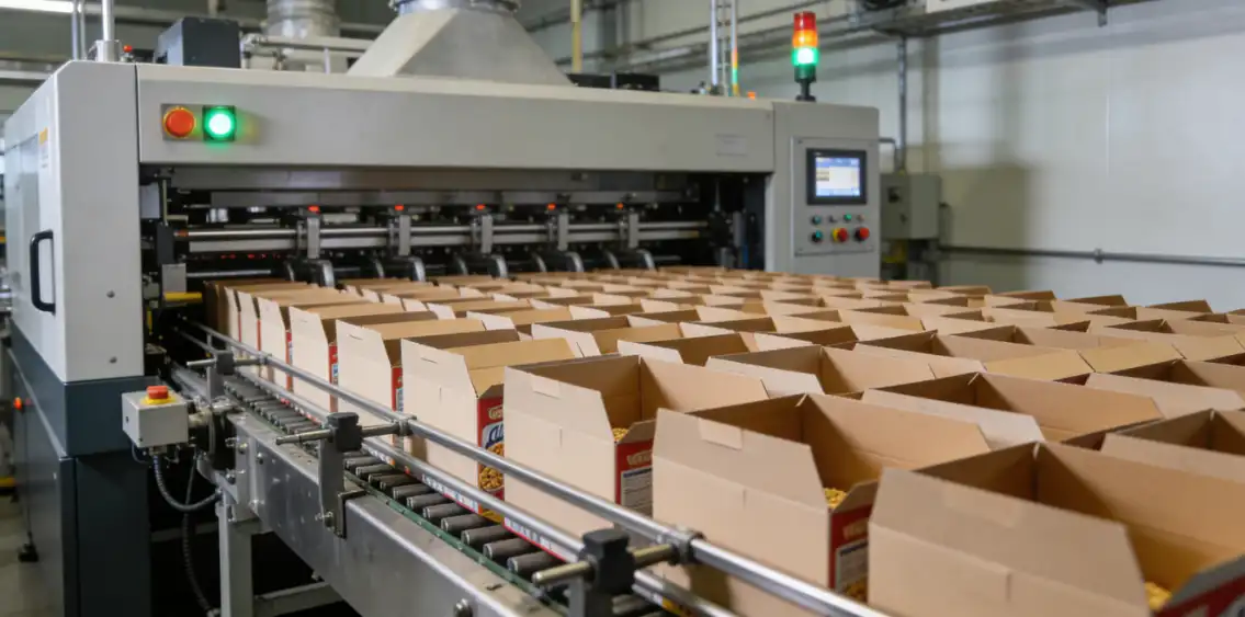 An assembly line with flat, unfolded custom cereal boxes ready for printing