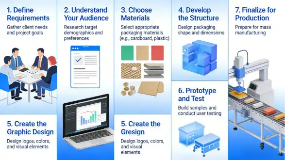 A flowchart showing the 7 steps of packaging design