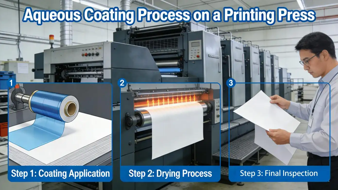 A diagram of an offset printing press showing the coating unit after the ink stations