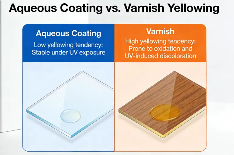 An old, yellowed varnished brochure next to a pristine aqueous-coated one