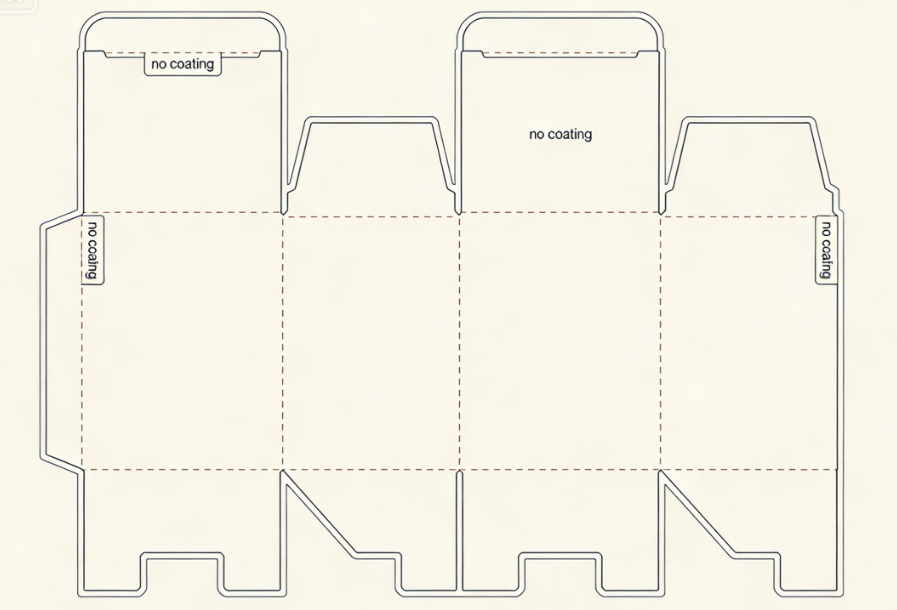 A packaging dieline showing glue tabs marked with a "no coating" instruction
