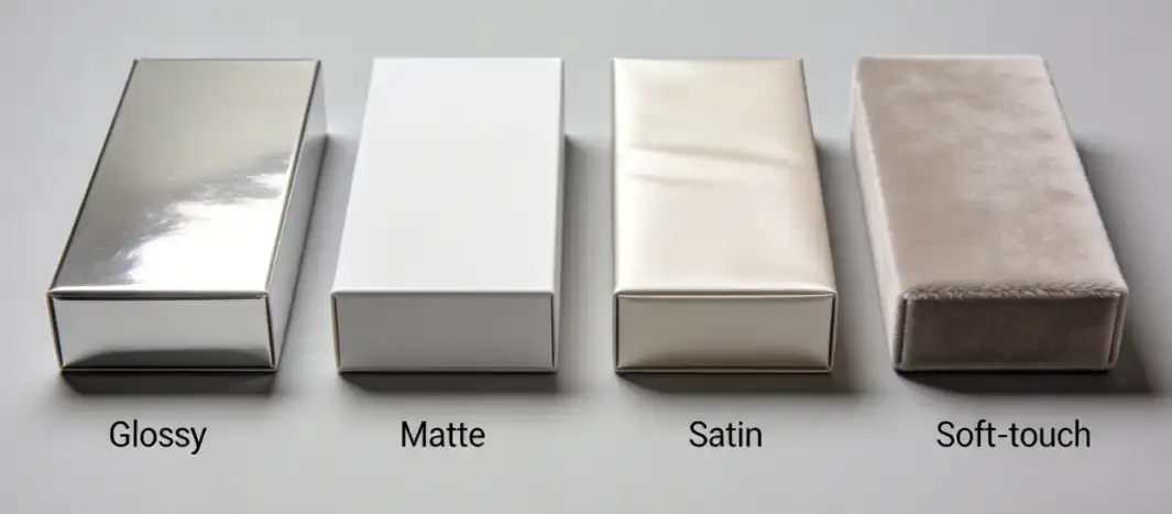 A side-by-side comparison of boxes with gloss, matte, satin, and soft-touch finishes