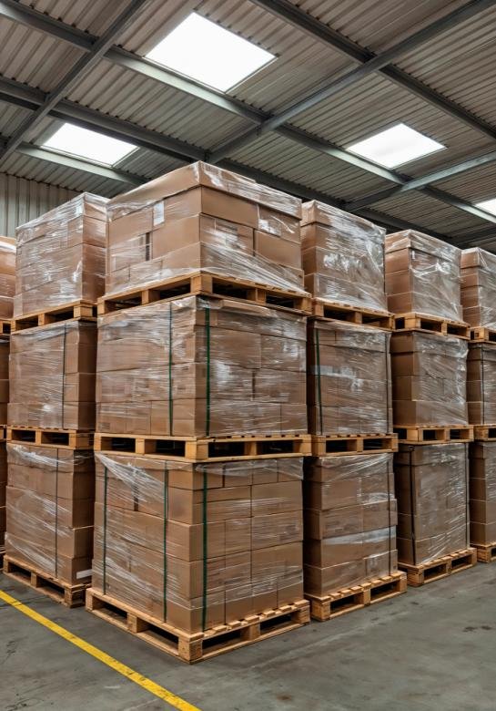 Pallet of custom gift boxes ready for international shipment with freight documents showing incoterms