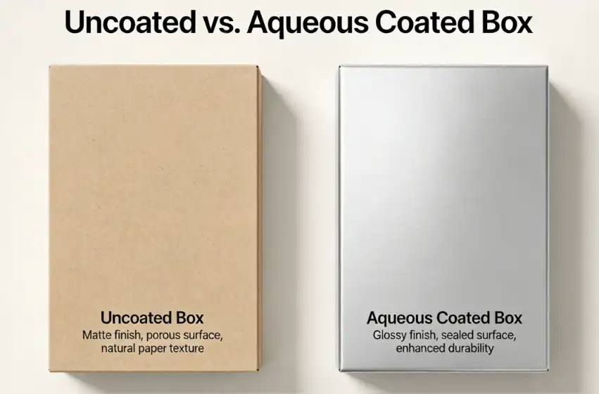 A comparison of a scuffed, uncoated box next to a pristine aqueous coated box
