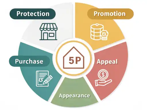 A collage representing the 5 P's: protection, promotion, purchase, appeal, appearance