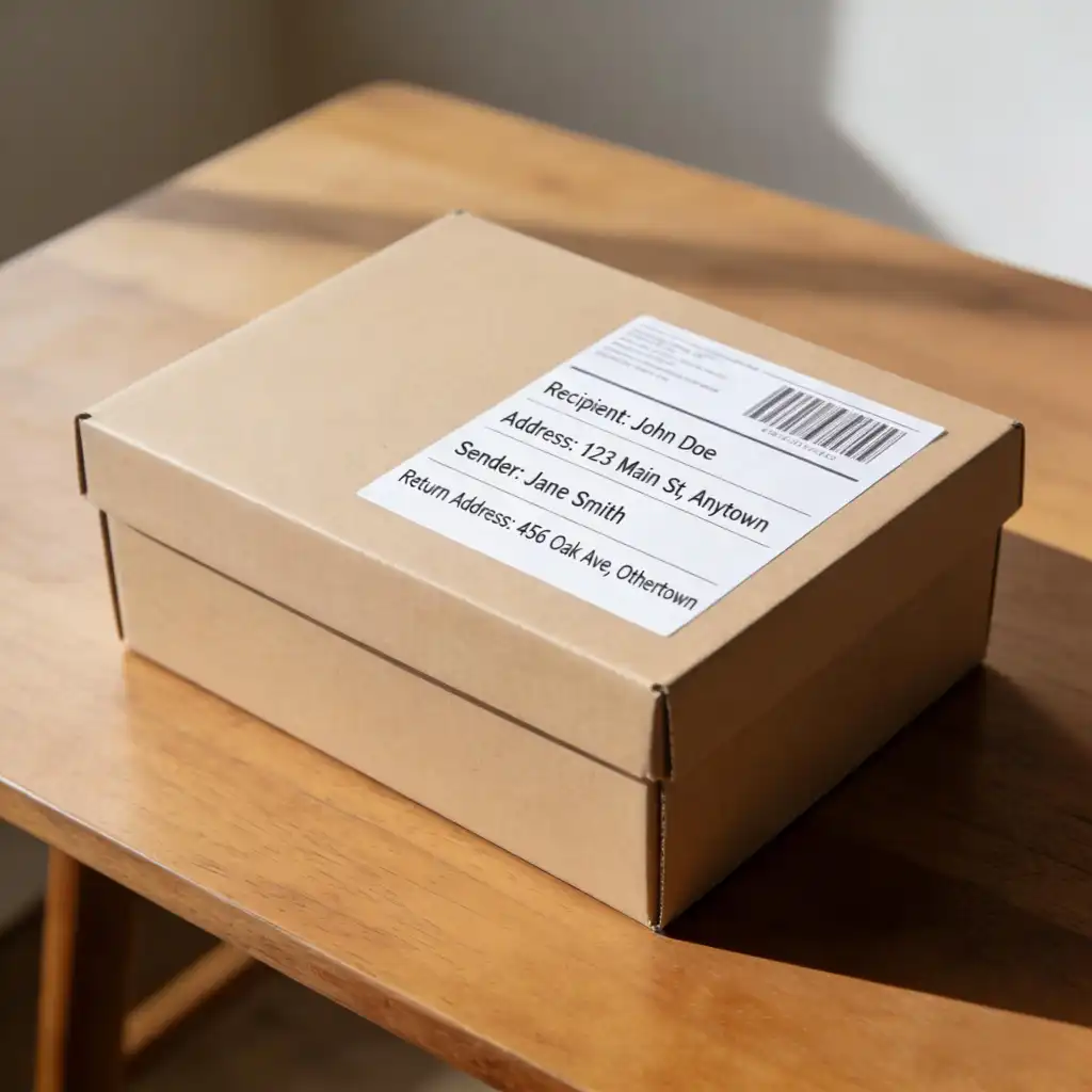 a shoebox with a shipping label on it, ready to be mailed