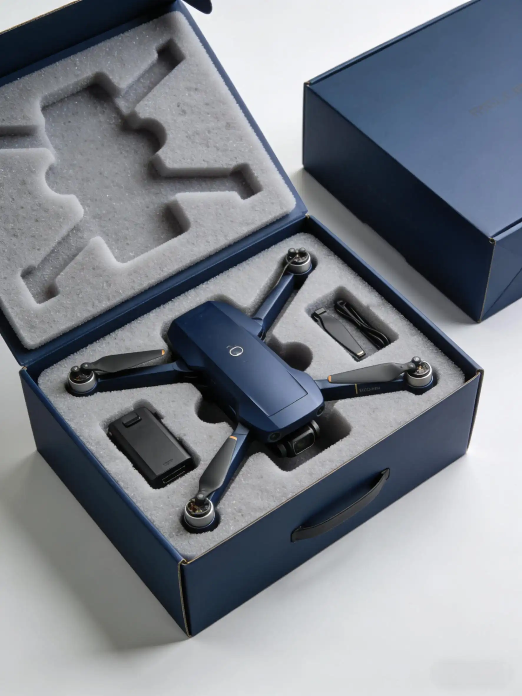 A custom drone packaging box with foam inserts