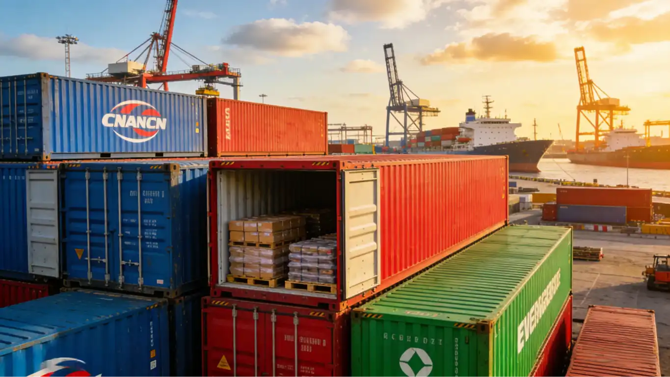 Intermodal shipping containers stacked at a port