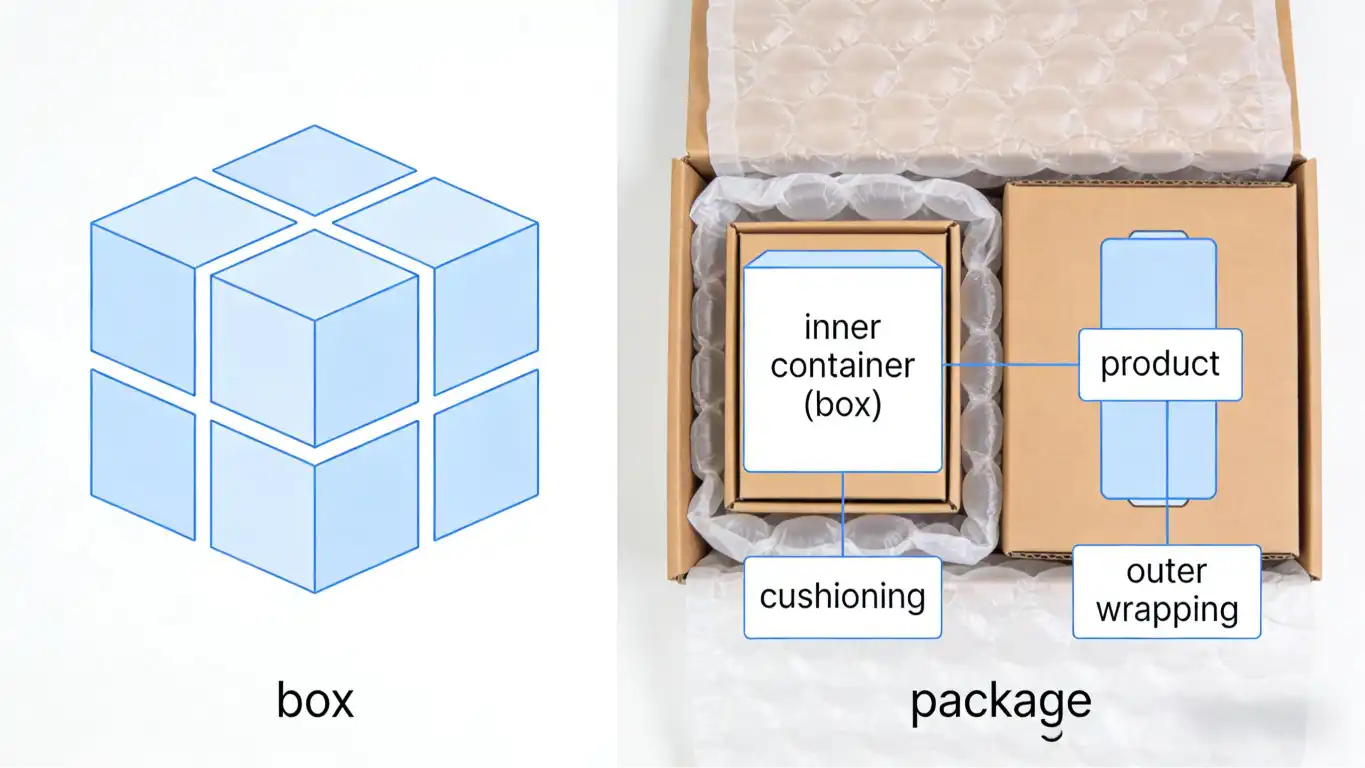 an exploded view showing a product, an inner box, cushioning material, and an outer shipping box